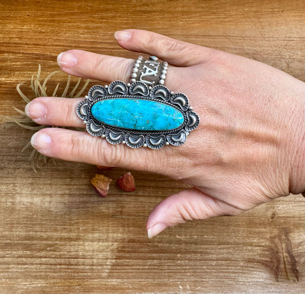 Long Ring- size 9- Kingman Turquoise ring & Sterling Silver