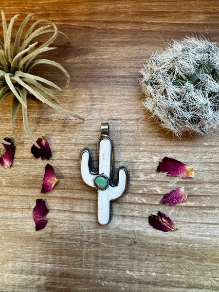 Cactus pendant white antler and turquoise