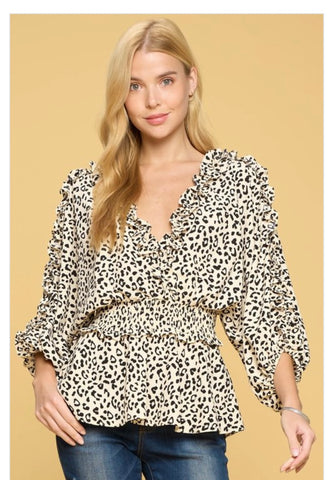 Ditzy leopard print ruffled v-neckline