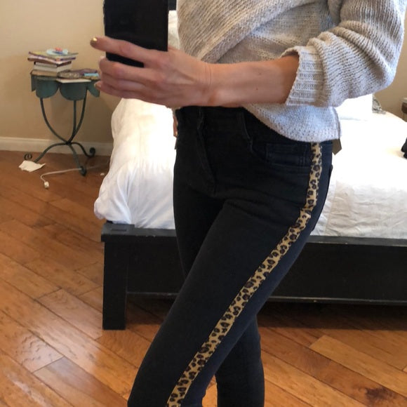 Leopard trim black jeans
